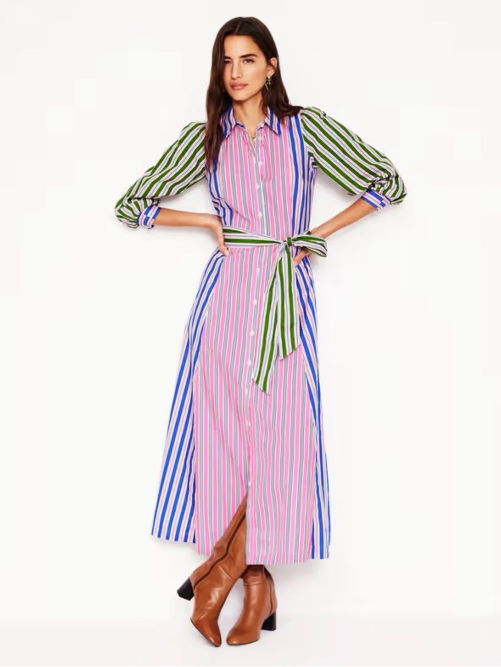 Boden Clara Striped Cotton Shirt Dress preppy Size 8 pink blue green stripe